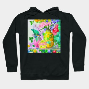 Green parrot and yellow chinoiserie jars watercolor Hoodie